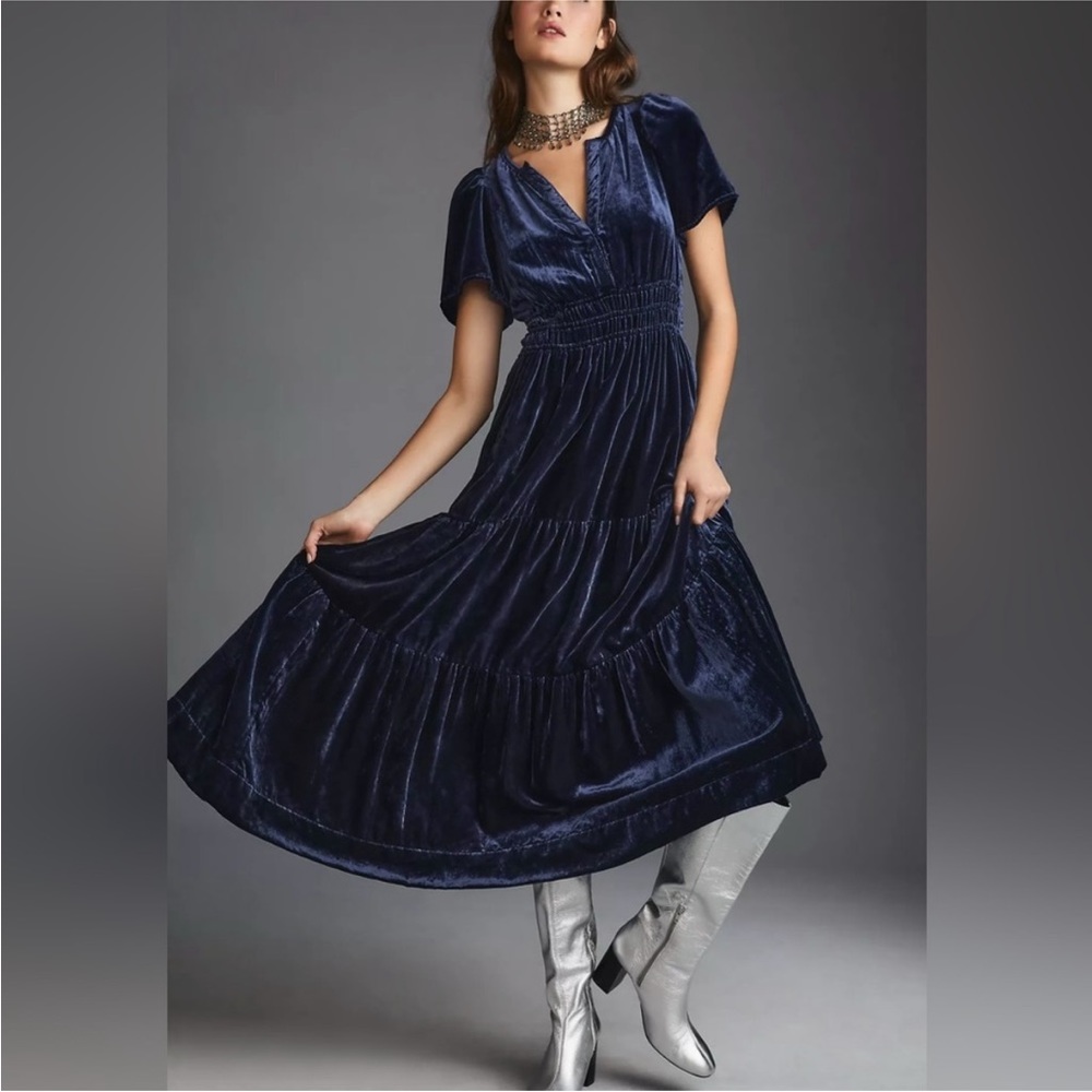 Anthropologie Navy Blue Velvet Somerset Maxi
